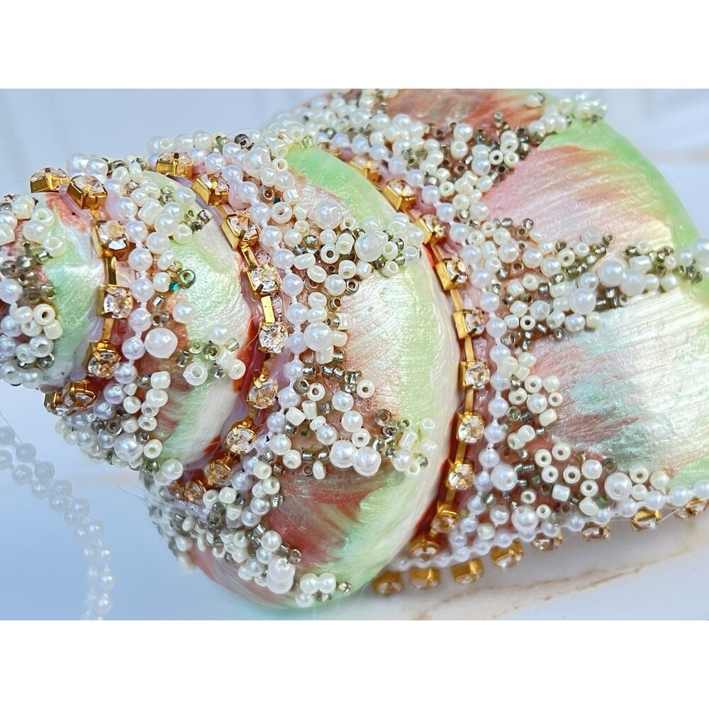Large Jeweled Seashell Christmas Ornaments Pearl Beaded Rhinestone Coastal Pair - Picture 8 of 16